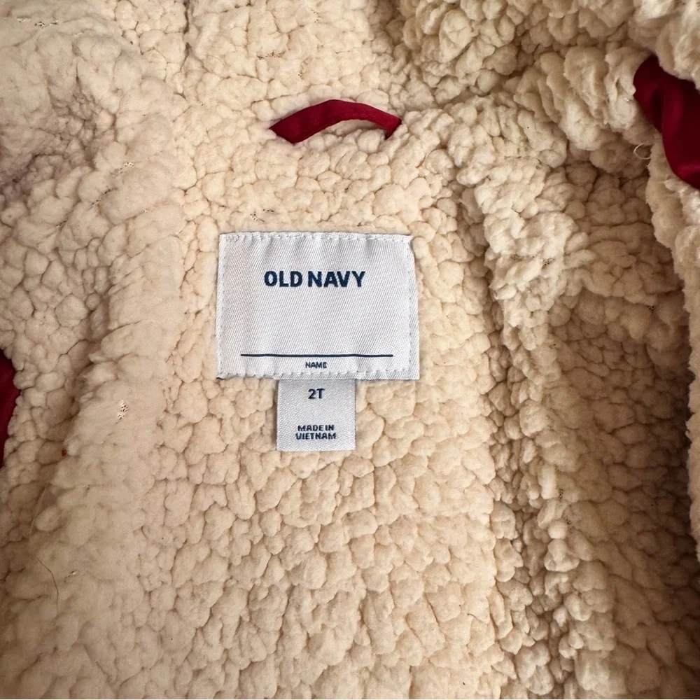 Old Navy toddler girls Sherpa maroon quilted winter fur hood parka jacket Sz 2T